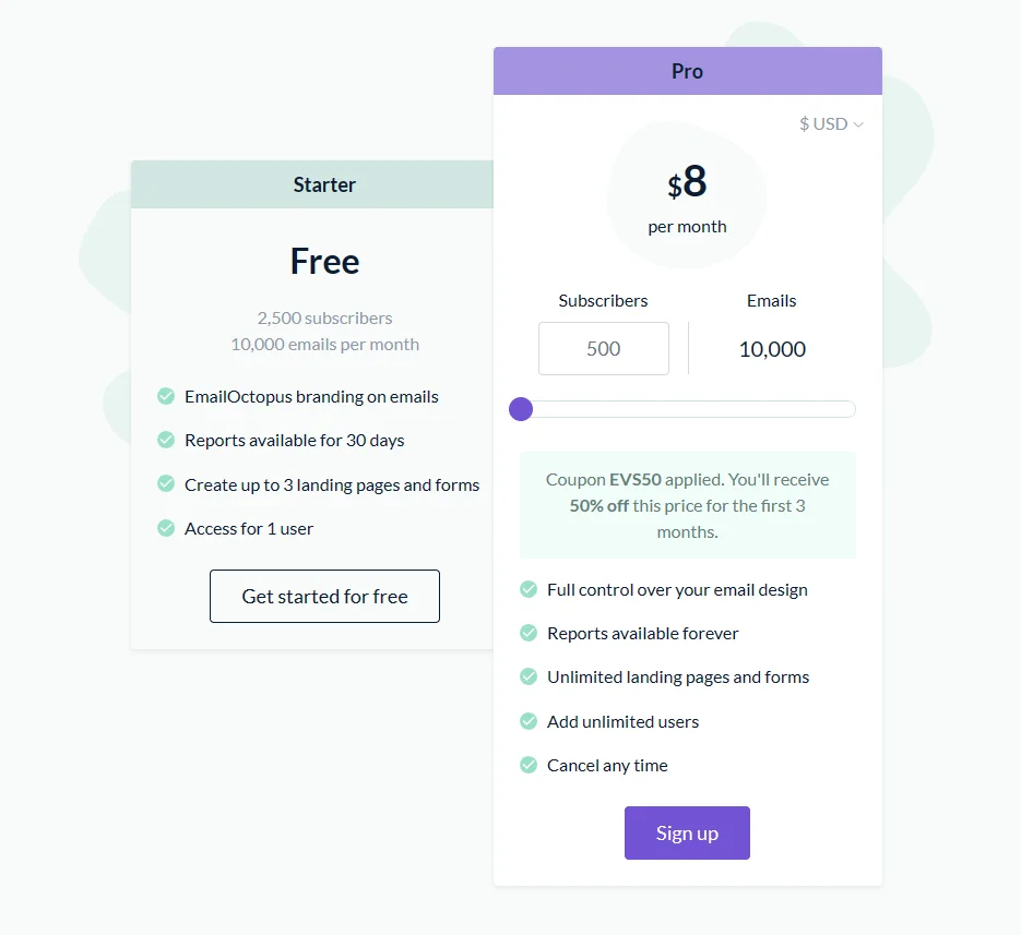 emailoctopus pricing review - price plans - free plans